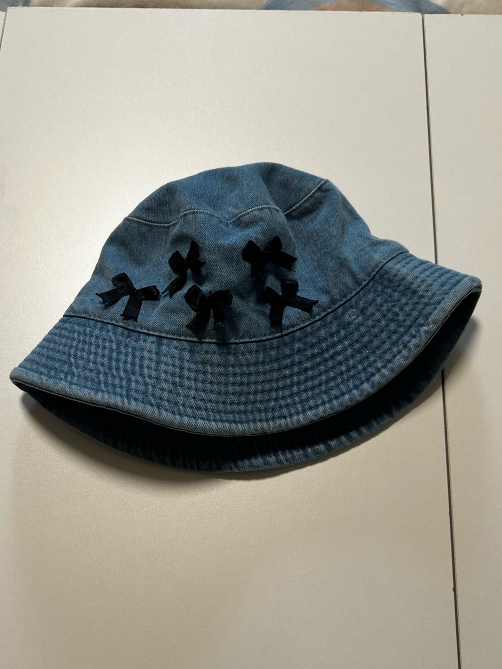 Denim Blue Bucket Hat with Black Bow Accents